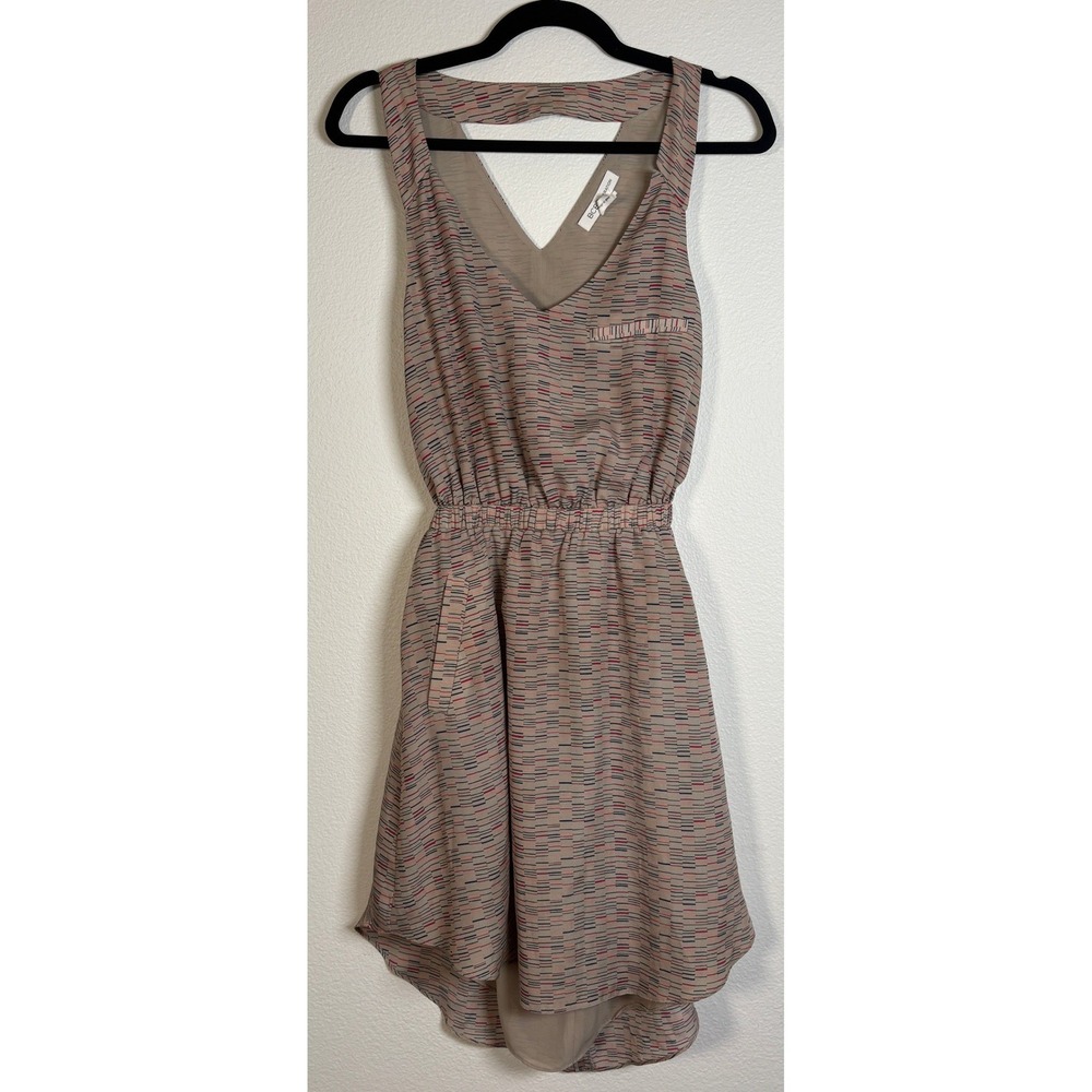 BCBGeneration Dash Print Open Back V-Neck Mini Dress Tan Multi Sleeveless Small